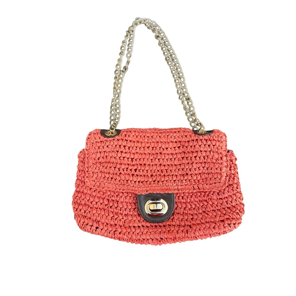 Paradox Shoulder Bag Womens Medium‎ Coral Excellent Raffia Leather Accents